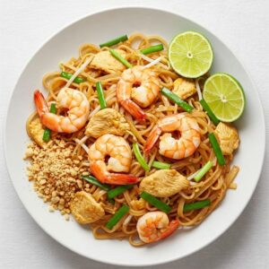 Appetizing Pad Thai with shrimp, tofu, and vegetables, served in a white bowl.